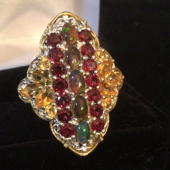 Breathtaking Genuine Fiery Opals, Citrine & Garnet Ring - Picture 3 of 16